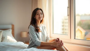 Calm woman sitting by window with warm sunlight, peaceful expression, modern minimalist bedroom, soft natural lighting, serene atmosphere, lifestyle photography