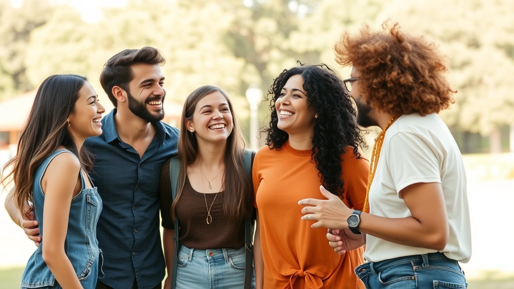 Group of friends laughing together in outdoor setting, genuine connection and joy, natural daylight, community and belonging, warm and inviting scene