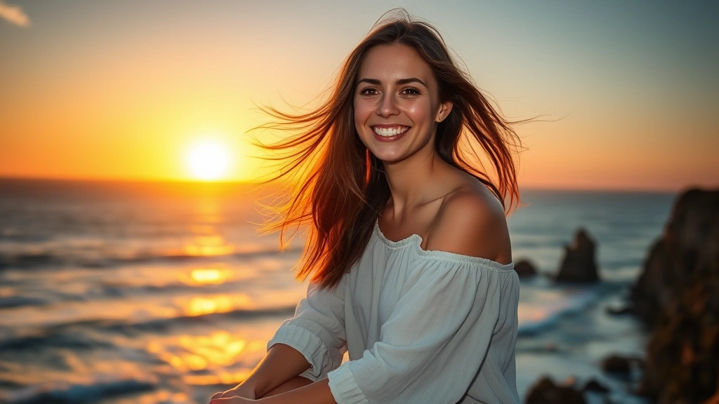 Serene woman sitting peacefully on coastal cliff at sunset, ocean breeze gently moving hair, warm golden light illuminating face, genuine smile reflecting inner peace and mental clarity