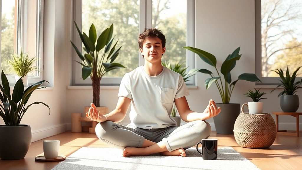 Young professional practicing morning meditation in minimalist home, sitting by large windows with plants, sunlight streaming in, peaceful expression, coffee cup nearby, serene morning environment