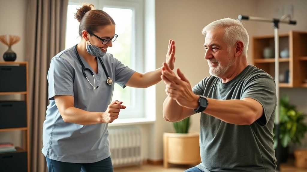 Professional home health caregiver assisting senior man with physical therapy exercises in home gym area, natural window light, motivational but realistic rehabilitation setting, both individuals focused and positive
