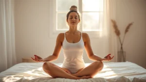 Serene woman meditating in minimalist bedroom with morning sunlight, peaceful expression, wellness lifestyle aesthetic