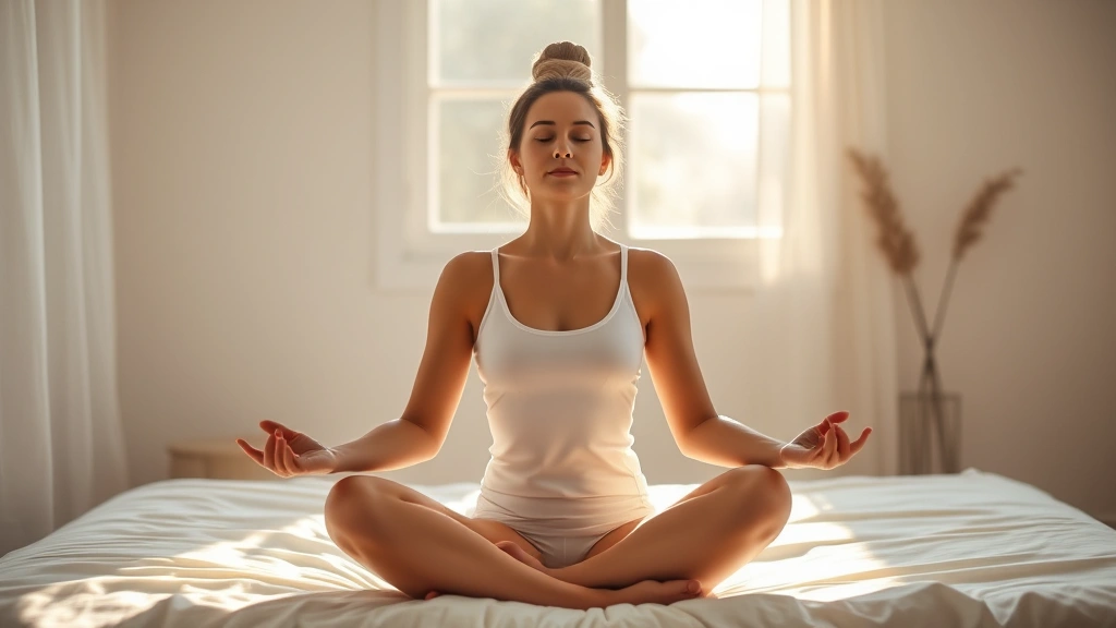 Serene woman meditating in minimalist bedroom with morning sunlight, peaceful expression, wellness lifestyle aesthetic