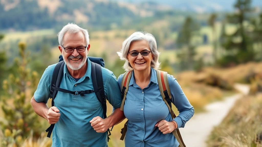 Active middle-aged couple hiking outdoors through nature trail, smiling, vibrant health, natural landscape background