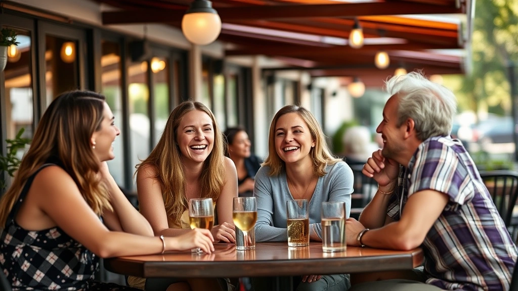 Diverse friend group laughing together at outdoor café, genuine connection, warm lighting, lifestyle moment