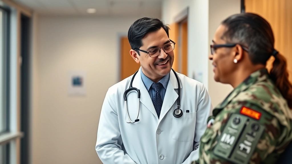 Military healthcare provider in professional white coat consulting with active-duty service member in uniform in modern clinic setting with warm lighting, compassionate expression, diverse representation