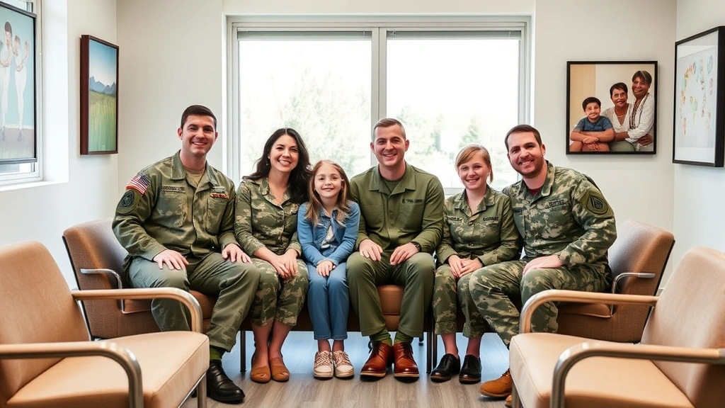 Military family of four in bright, welcoming clinic waiting room with comfortable seating, natural light through windows, diverse artwork on walls, showing relaxed and confident expressions