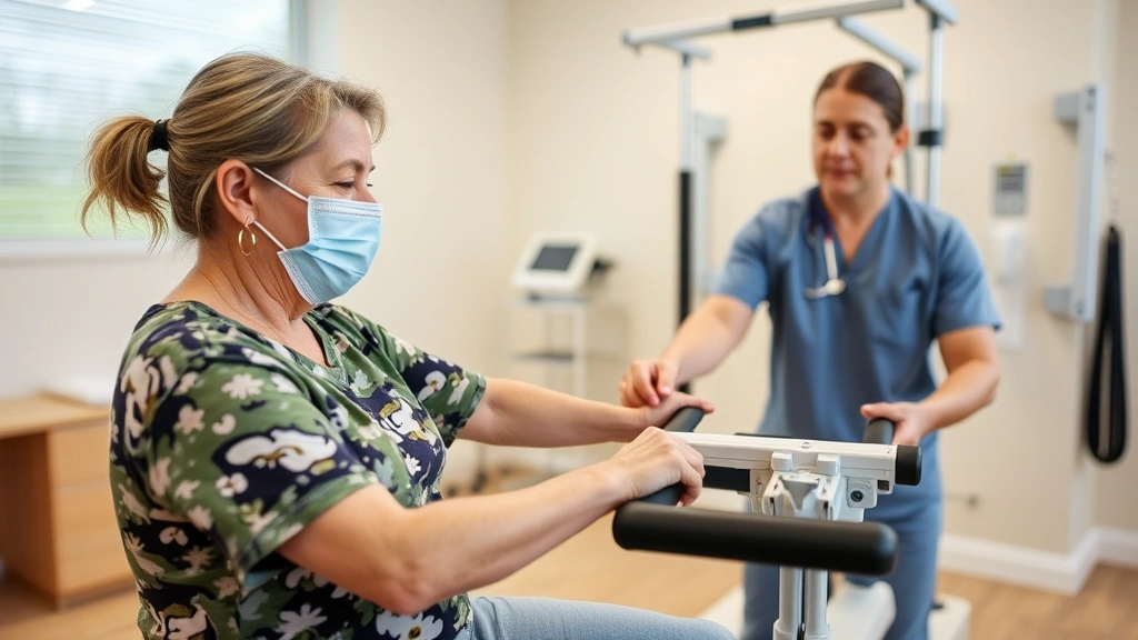 Female veteran in civilian clothes receiving physical therapy treatment from healthcare professional using modern rehabilitation equipment in bright, contemporary therapy room