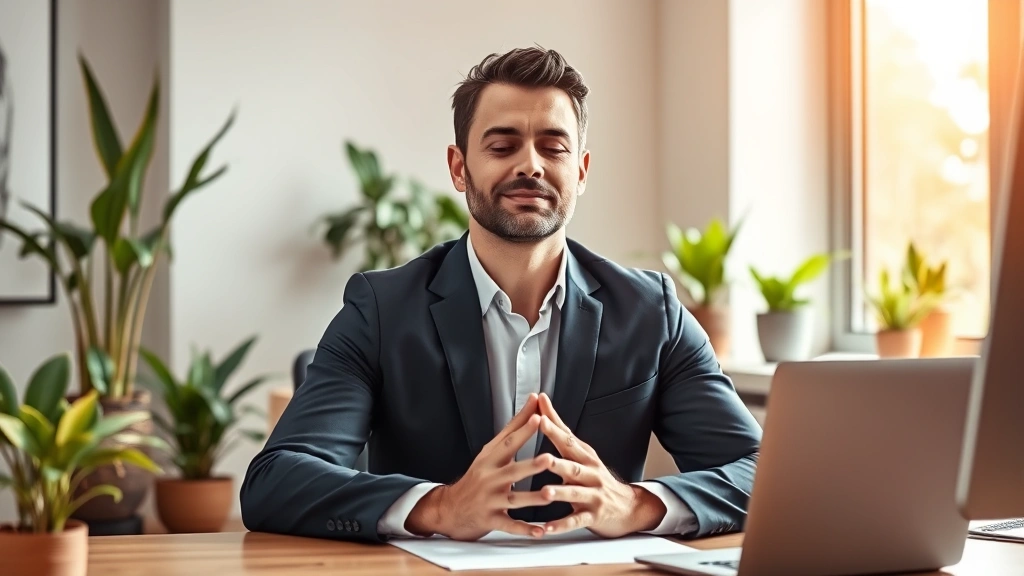 Professional man at desk taking mindfulness break, hands in meditation pose, warm office environment with plants, natural window light, calm focused expression, wellness lifestyle
