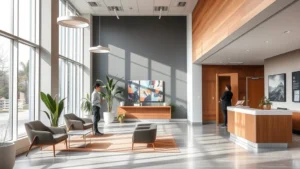 Modern behavioral health facility reception area with welcoming design, comfortable seating, natural lighting, calming earth tones, professional staff greeting visitors, peaceful atmosphere, contemporary healthcare setting