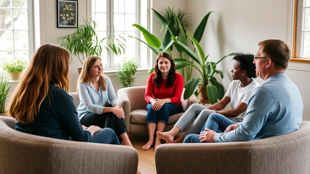 Group therapy session in comfortable circle arrangement, diverse participants engaged in discussion, supportive environment, natural light from windows, plants in background, therapist facilitating conversation, safe therapeutic space