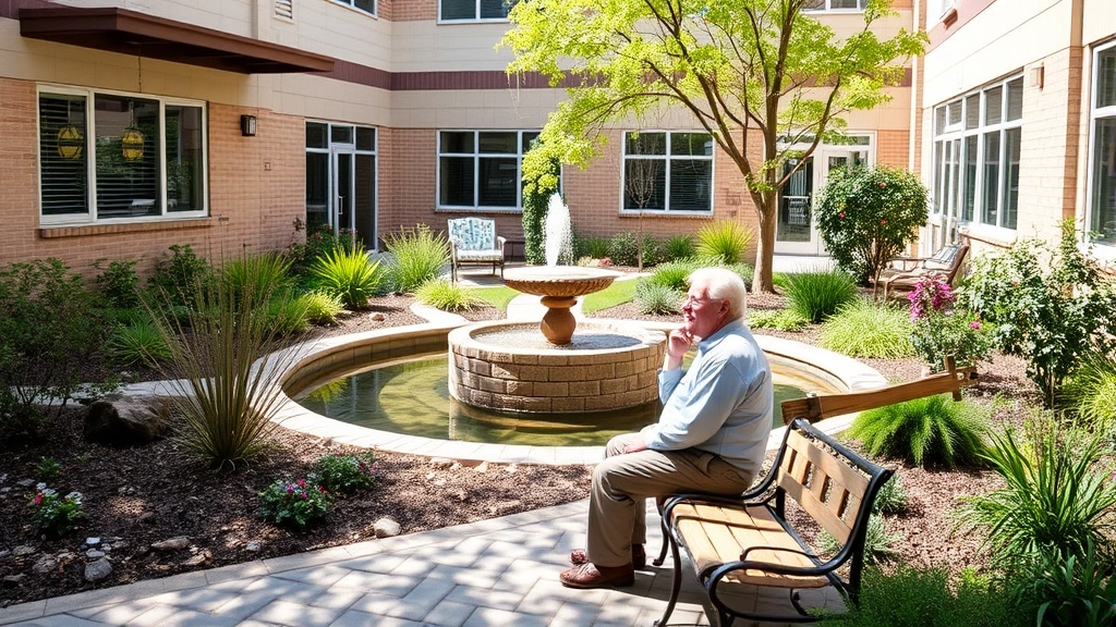 Patient in peaceful outdoor courtyard garden area of behavioral health facility, sitting on bench surrounded by landscaping, water feature, natural elements promoting wellness, serene recovery environment, sunshine, healing space
