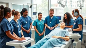 Group of diverse healthcare students in scrubs studying together in modern medical simulation lab with mannequins and advanced clinical equipment, natural lighting, focused and collaborative atmosphere
