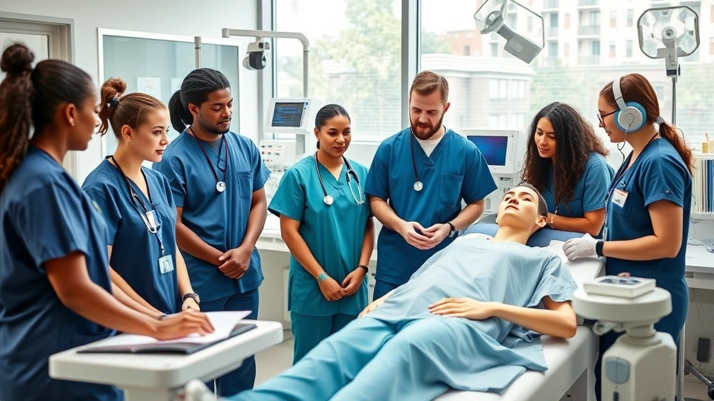 Group of diverse healthcare students in scrubs studying together in modern medical simulation lab with mannequins and advanced clinical equipment, natural lighting, focused and collaborative atmosphere