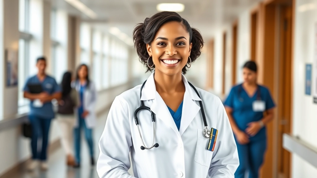 Female nursing graduate in professional white coat smiling confidently in hospital hallway with colleagues, modern healthcare facility background, warm natural lighting, aspirational career moment