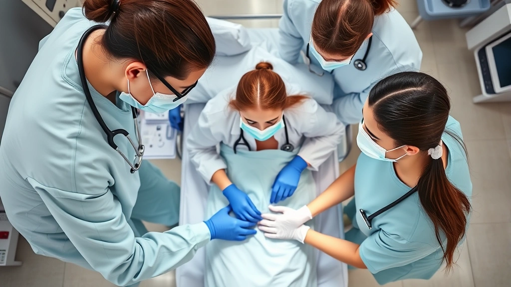 Overhead view of healthcare students in clinical rotation wearing masks and gloves performing hands-on patient care practice in realistic hospital room setup, diverse team, concentrated engagement