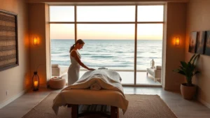 Serene spa treatment room with ocean views, soft lighting, massage therapist preparing treatment, coastal Mediterranean architecture, luxury wellness environment