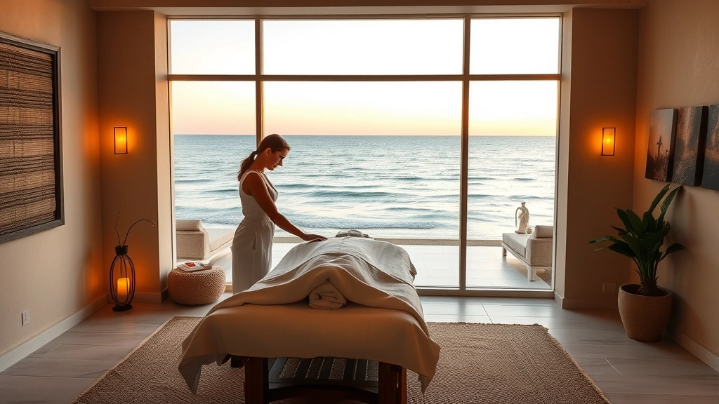 Serene spa treatment room with ocean views, soft lighting, massage therapist preparing treatment, coastal Mediterranean architecture, luxury wellness environment