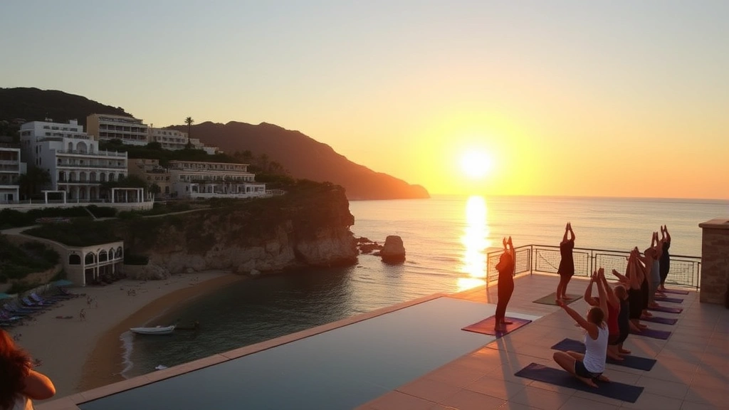 Mediterranean coastline with resort buildings, sunset golden hour, guests doing yoga on oceanside terrace, pristine beach, wellness community gathering