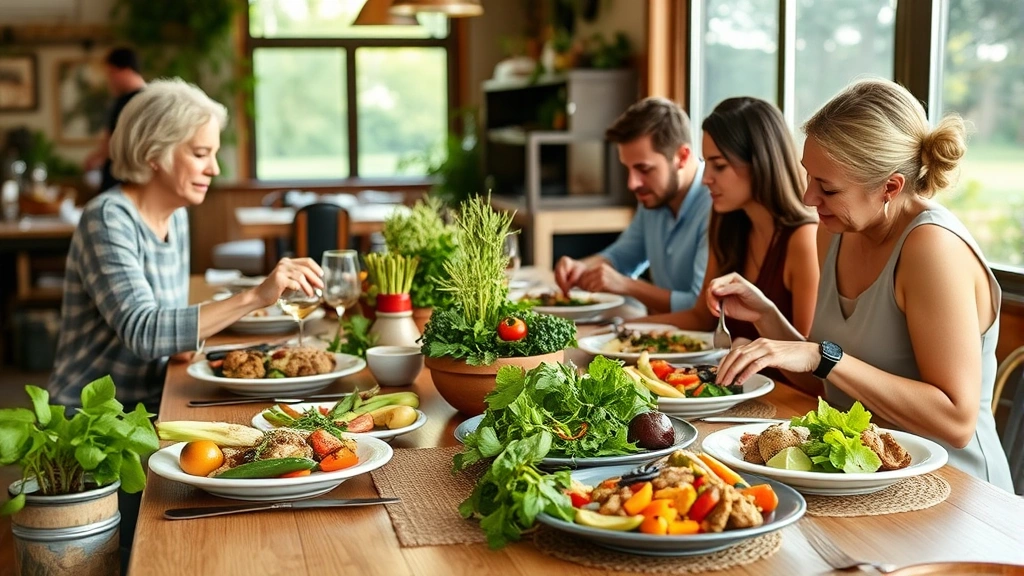 Farm-to-table dining experience, organic vegetables and fresh ingredients, Mediterranean cuisine plating, natural light restaurant setting, guests enjoying nutritious meal together