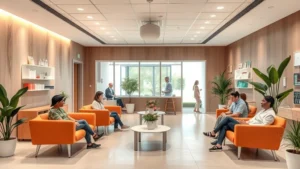 Modern medical clinic interior with warm lighting, comfortable seating areas, calming earth-tone walls, natural plants, and diverse patients in relaxed consultation spaces