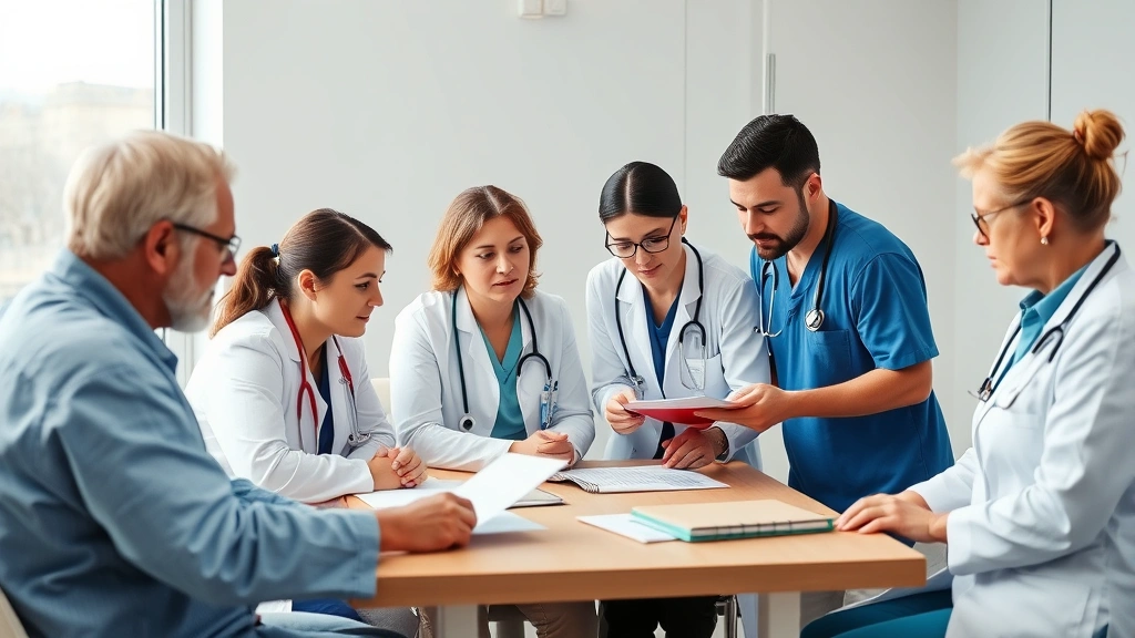 Healthcare professionals from different disciplines collaborating around a table reviewing patient information, showing teamwork and integrated care coordination