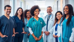 Professional diverse healthcare team in modern hospital hallway wearing scrubs and lab coats, smiling and collaborating, natural lighting from windows, warm welcoming atmosphere