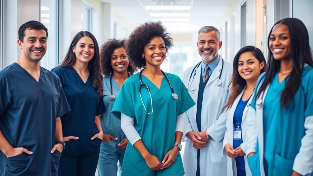 Professional diverse healthcare team in modern hospital hallway wearing scrubs and lab coats, smiling and collaborating, natural lighting from windows, warm welcoming atmosphere