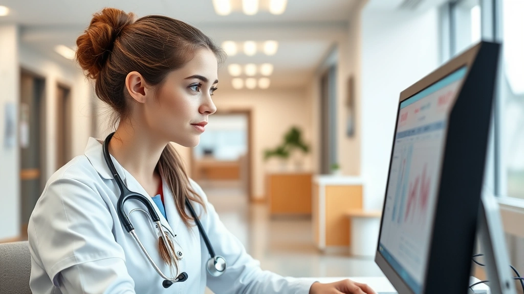 Young female nurse practitioner reviewing patient charts at computer workstation in bright clinic, focused expression, stethoscope around neck, contemporary healthcare facility background