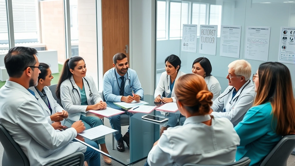 Group of healthcare professionals in conference room during team meeting, diverse ages and roles, collaborative discussion, modern office environment with medical charts visible