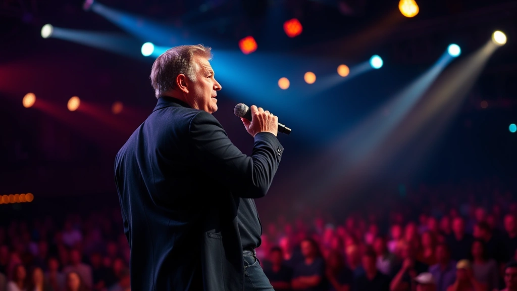 Mature male performer on concert stage with dramatic lighting, full energy and confidence, wearing elegant dark clothing, microphone in hand, audience visible in background, vibrant stage atmosphere