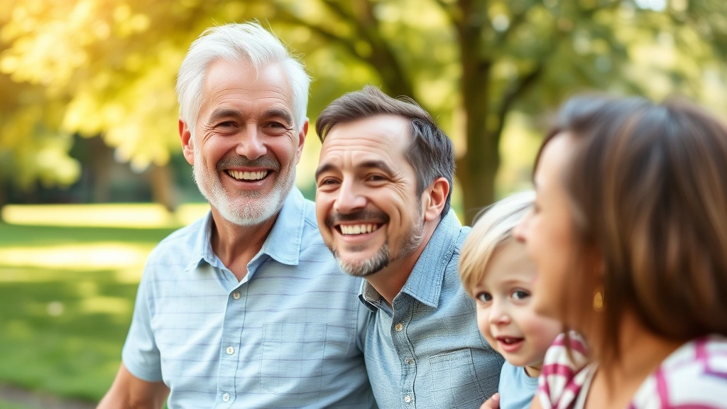 Healthy mature man enjoying time with family outdoors, genuine smiling, relaxed posture, natural daylight, park setting with greenery, intergenerational bonding moment visible