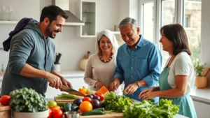 Multi-generational family preparing fresh vegetables together in bright, modern kitchen with natural morning light streaming through windows, laughing while chopping colorful produce