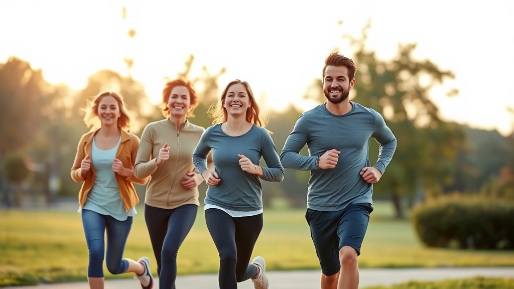 Active family of four jogging together in park during golden hour, genuine smiles, diverse ages showing movement for all life stages, natural outdoor wellness setting
