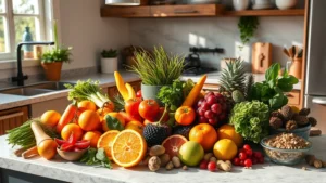A vibrant kitchen counter displaying colorful fresh vegetables, citrus fruits, berries, and nuts arranged artfully with natural morning light streaming through windows, suggesting healthy nutrition and wellness lifestyle