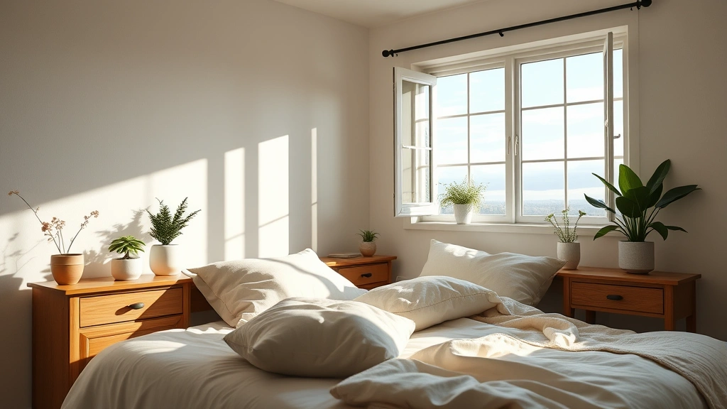 A peaceful bedroom with soft natural light, cozy bedding, plants on nightstands, and an open window showing morning sky, embodying restful sleep and recovery in a serene home environment
