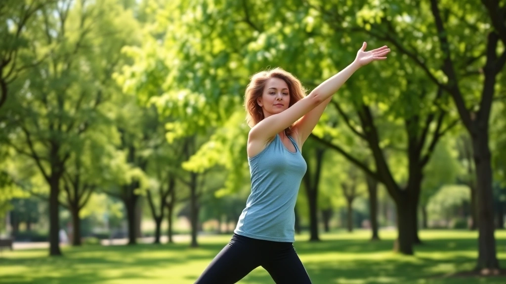 A woman practicing outdoor yoga or stretching in a sunny park surrounded by green trees, demonstrating movement, wellness, and stress relief in a natural, beautiful setting