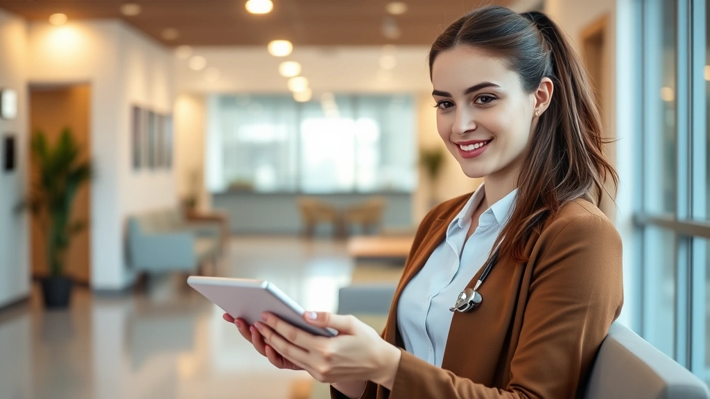 Young professional woman using tablet in bright modern clinic waiting room, reviewing health records, warm lighting, contemporary interior design, confident expression, digital wellness