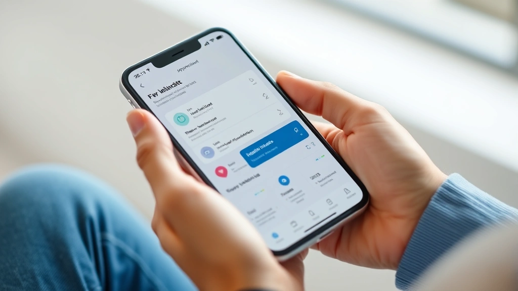 Close-up of hands holding smartphone displaying health app dashboard with appointment calendar and lab results, minimalist interface, natural daylight, healthcare technology