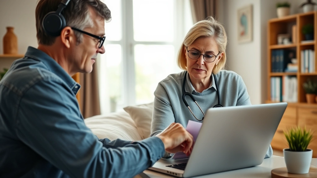 Middle-aged man and woman in home office reviewing medical documents together on laptop screen, organized workspace, wellness-focused environment, collaborative healthcare management