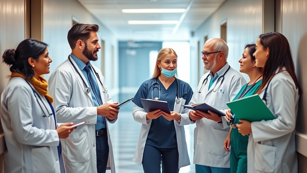 Professional healthcare team collaborating in modern hospital corridor, diverse medical professionals discussing patient care, natural lighting, modern facility architecture, engaged expressions
