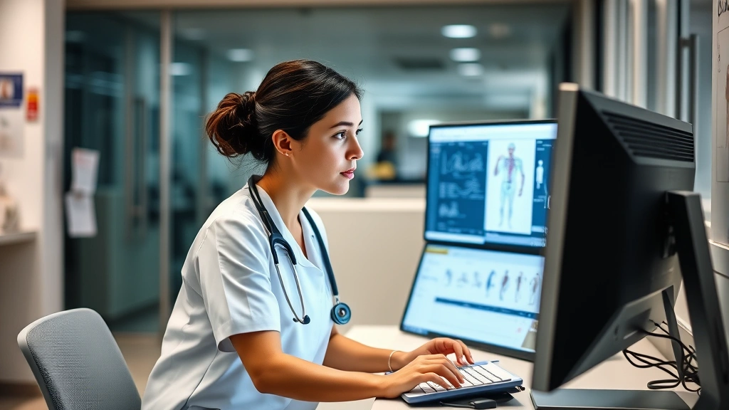 Clinical nurse practitioner reviewing patient charts at computer workstation, modern hospital office environment, professional healthcare setting, focused expression, contemporary medical technology