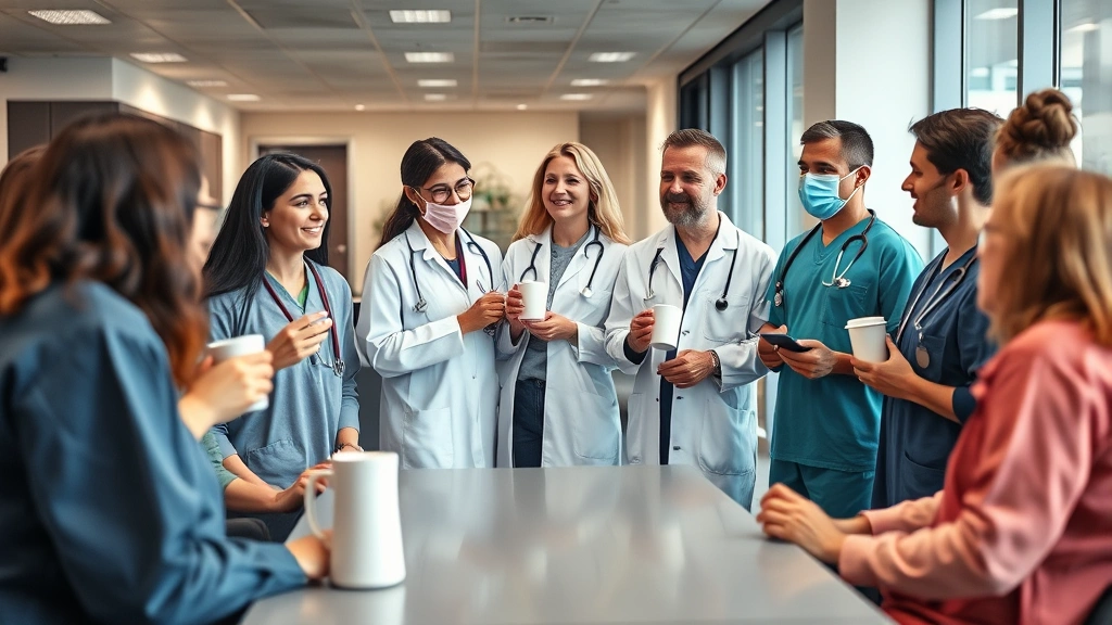 Diverse group of healthcare professionals in break room having coffee and conversation, casual collegial atmosphere, modern healthcare facility, genuine connection and teamwork, natural candid moment