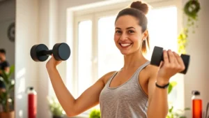 Woman in modern home gym smiling while doing dumbbell exercise, natural morning light streaming through windows, plants visible, wireless earbuds, hydration bottle nearby, confident and energized expression
