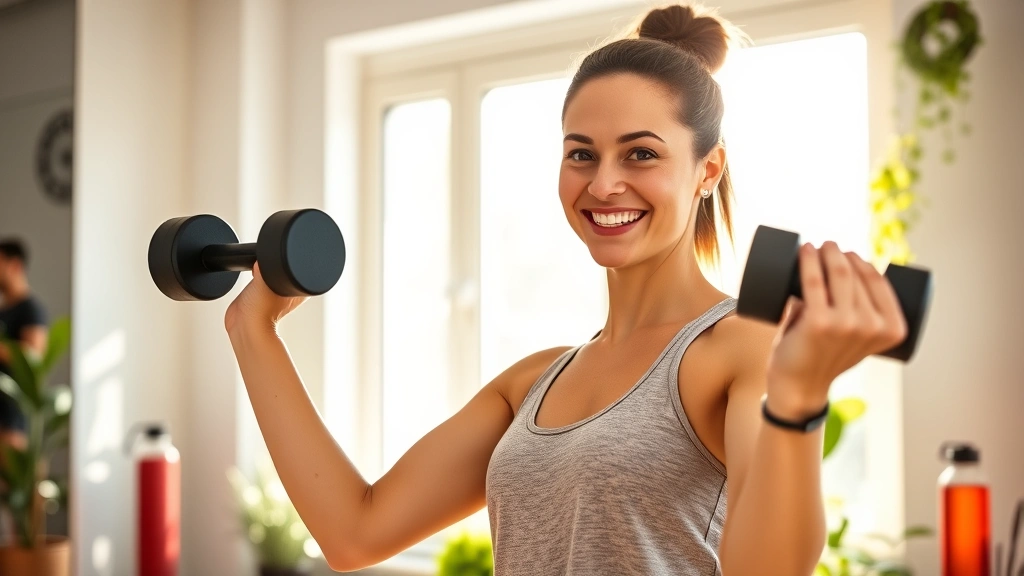 Woman in modern home gym smiling while doing dumbbell exercise, natural morning light streaming through windows, plants visible, wireless earbuds, hydration bottle nearby, confident and energized expression