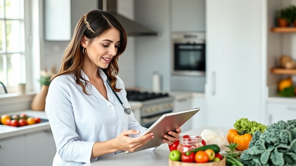 Nutritionist woman reviewing meal plan with tablet at bright kitchen counter, fresh vegetables and healthy food ingredients displayed, natural window light, professional yet approachable demeanor, organized lifestyle setting