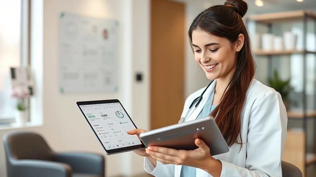Young professional woman smiling while using digital tablet in modern healthcare office, reviewing patient portal with organized health dashboard displayed
