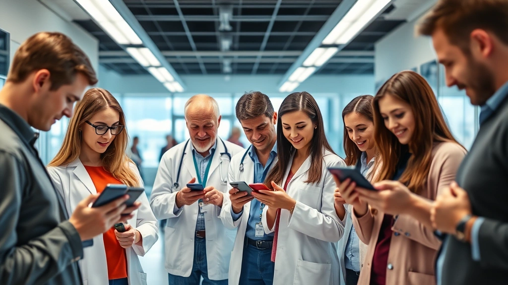 Diverse group of people checking smartphones in bright, contemporary medical clinic showing MyChart interface with appointment reminders and test results
