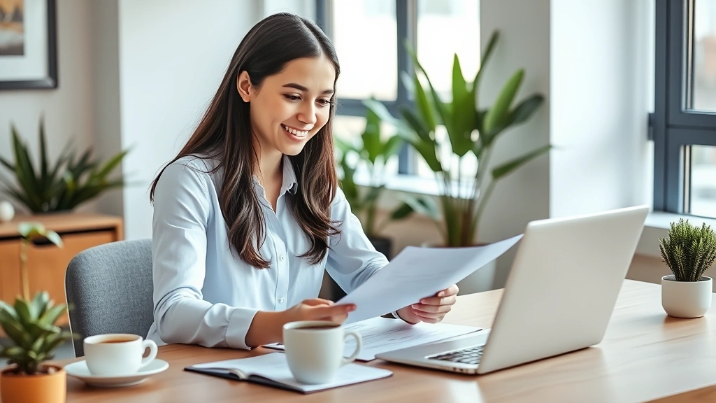 Young professional woman reviewing health insurance documents at modern home office desk with laptop, coffee cup, and plants, natural window lighting, satisfied expression, contemporary interior design