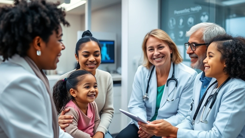 Diverse family of four at preventive health checkup with smiling female doctor in clinical setting, warm lighting, trust and care evident, modern medical office with digital displays